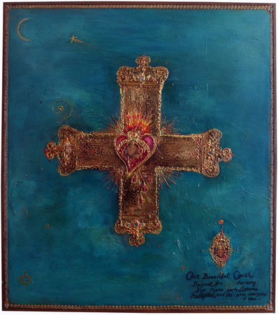 A gold cross with a flaming sacred heart at its centre on a teal ground, with a small moon and star and handwritten lines