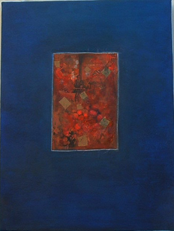 A rich blue field around a red and gold collage panel