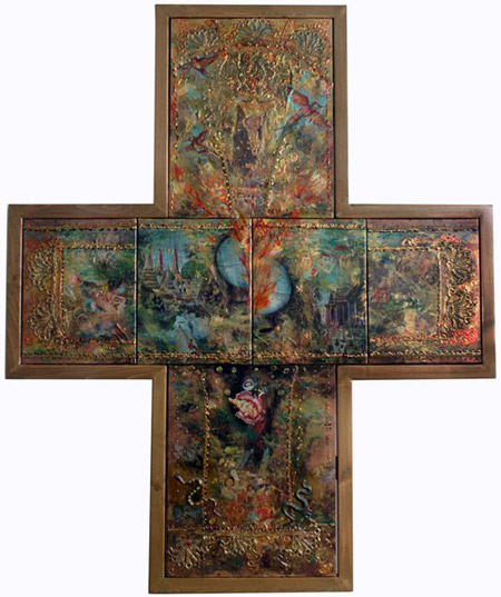 A cross-shaped wooden frame holding seven collage panels: gold relief, temples, birds, flames and a red rose