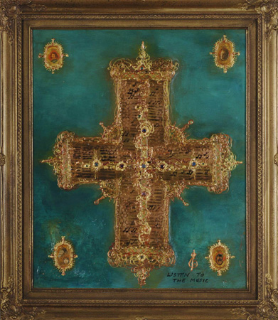 A gilded cross built up in relief on a deep teal ground, in an ornate gold frame, with the words “Listen to the Music”