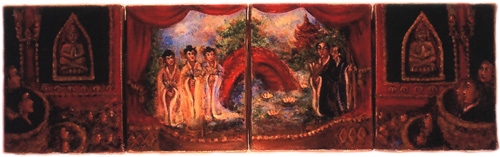 Four panels: red theatre curtains around three dancers on a stage, seated Buddha figures in the outer panels and onlookers in the shadows