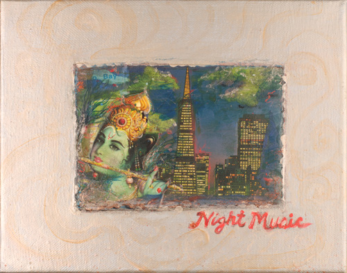 A collage of the San Francisco skyline at night with a flute-playing Krishna, lettered “Night Music”, on a silvered ground
