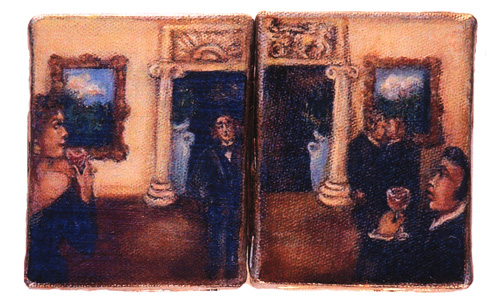 Two panels: guests with drinks at a reception, framed paintings and classical columns behind them