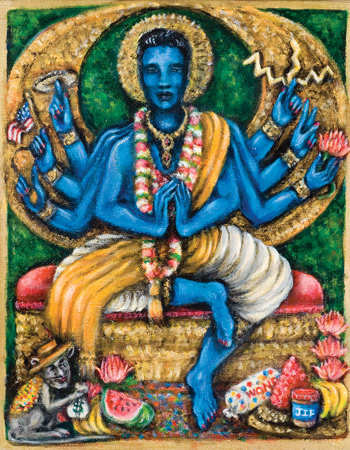 A blue, many-armed Elvis seated like a Hindu deity, hands pressed together, with garlands, fruit and a small monkey