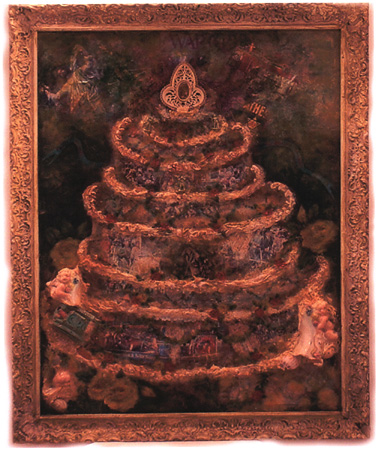A dark, many-tiered cake in copper and umber tones inside an ornate frame